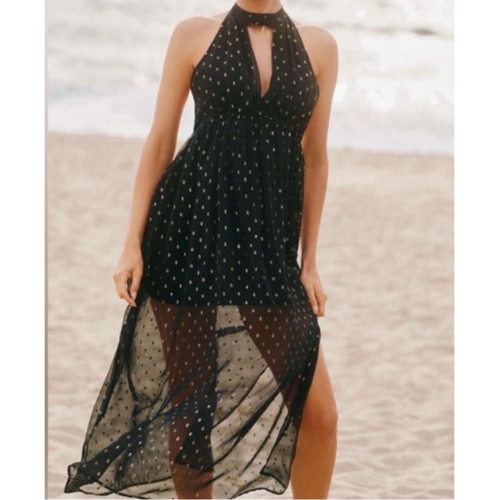 🟠NWT CELANDINE by ANTHROPOLOGIE Beach Disco Plunging Maxi Dress in Black Onyx LG
